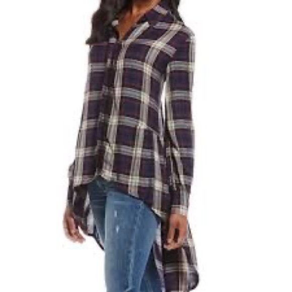 ELAN Plaid Flannel Raw Edge Button Down High Low Shirt Size Small - Picture 2 of 8